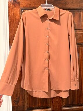 SHEIN Long Sleeve Button-Down Shirt in Peach